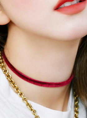 不掉色S925纯银酒红色丝绒项圈