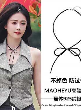 S925纯银黑色尖晶石蝴蝶结颈链