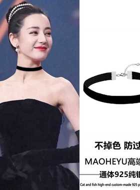 S925纯银高级黑色丝绒项圈女choker颈链复古优雅气质锁骨链项链潮