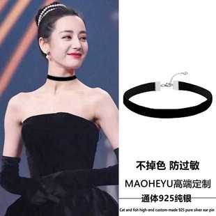 S925纯银高级黑色丝绒项圈女choker颈链复古优雅气质锁骨链项链潮