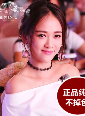 不掉色颈链S925纯银黑色蕾丝choker项圈女颈带锁骨链小众设计高级