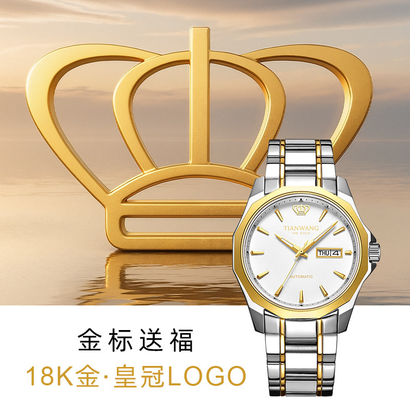 天王金标送福18K金LOGO男表商务金色自动机械手表51018父亲节礼物