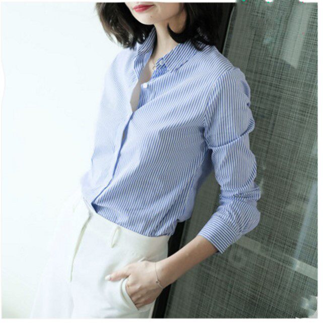 外滩洋服女士蓝白色条纹衬衫女设计感竖条纹上衣衬衣2025春秋长袖