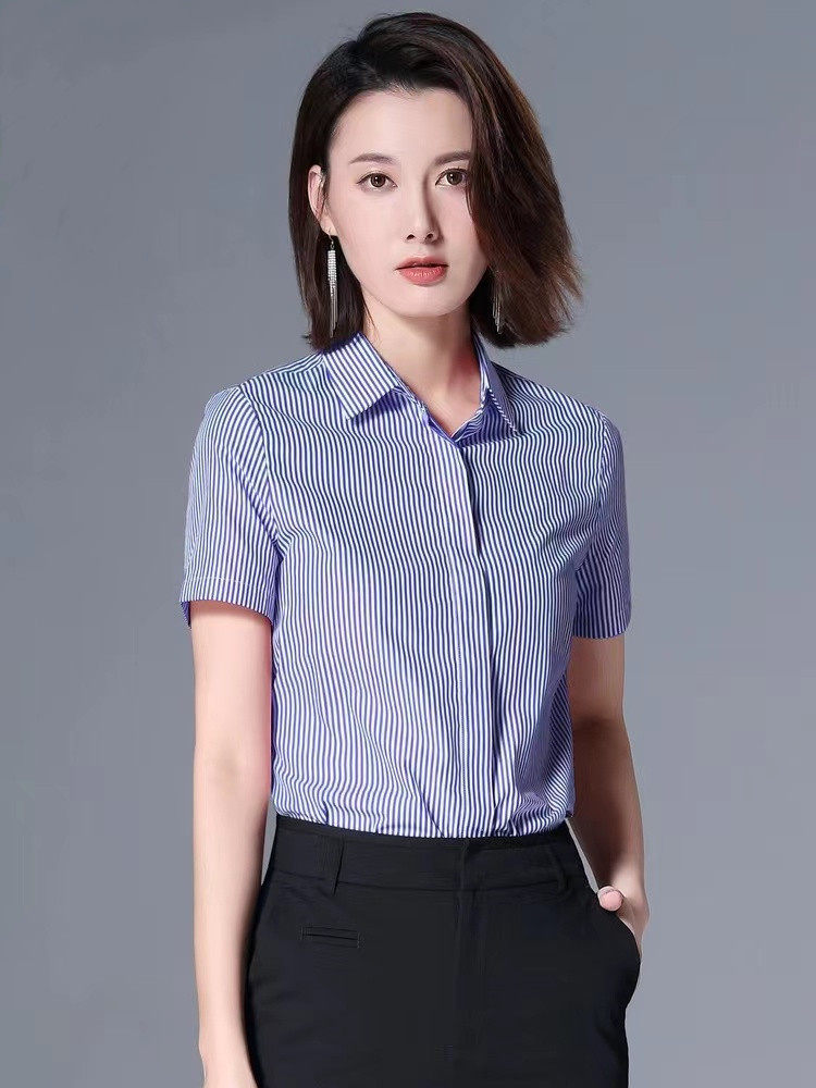 2026新款短袖条纹衬衫女夏纯棉衬衣翻领上衣休闲职业ol通勤设计感