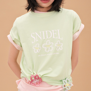 日系S家2025夏季 T恤女 新品 甜美风花卉印花宽松休闲百搭圆领短袖