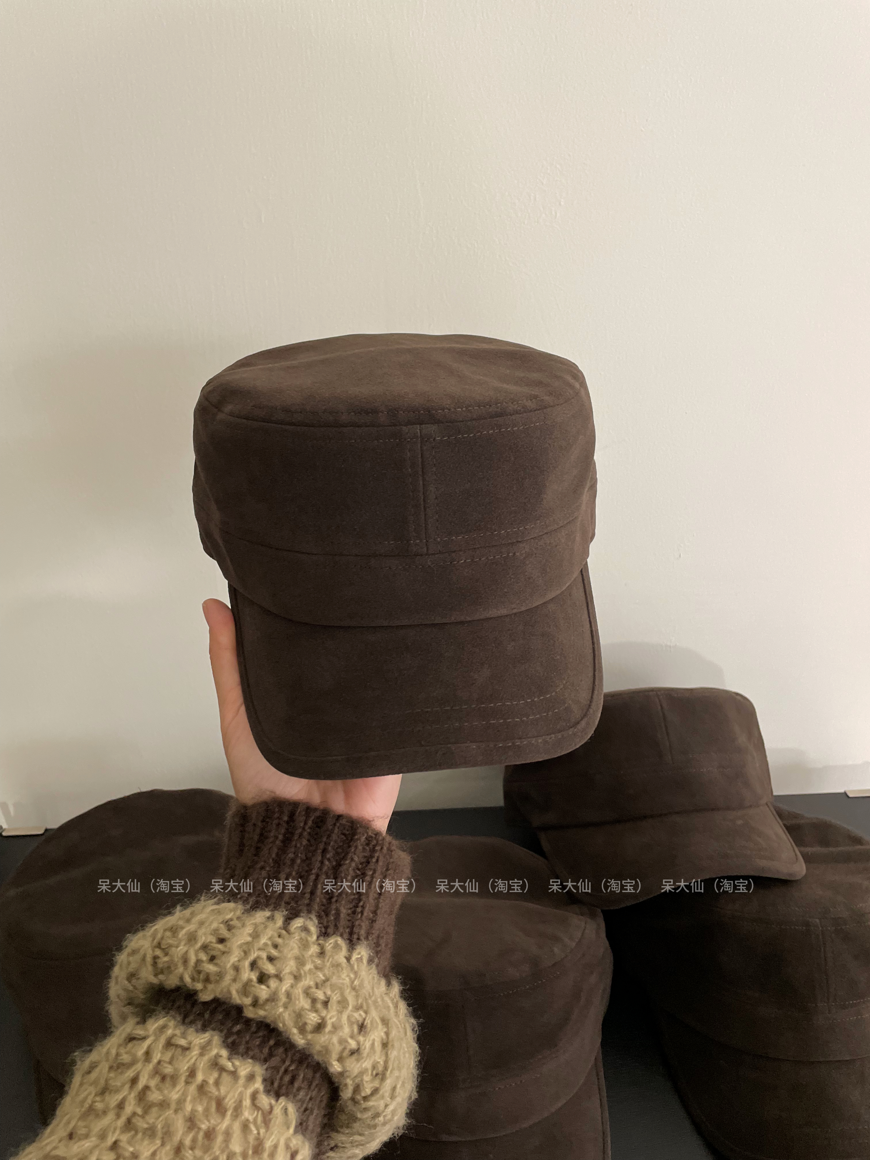 版型正！复古深棕麂皮绒平顶马术帽子高端时尚洋气骑士帽报童帽女