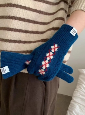 韩代chic～费尔岛复古针织手套女秋冬季保暖可触屏分指骑行手套