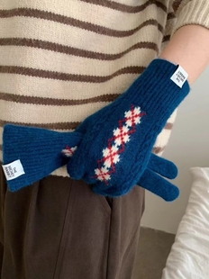 韩代chic～费尔岛复古针织手套女秋冬季保暖可触屏分指骑行手套