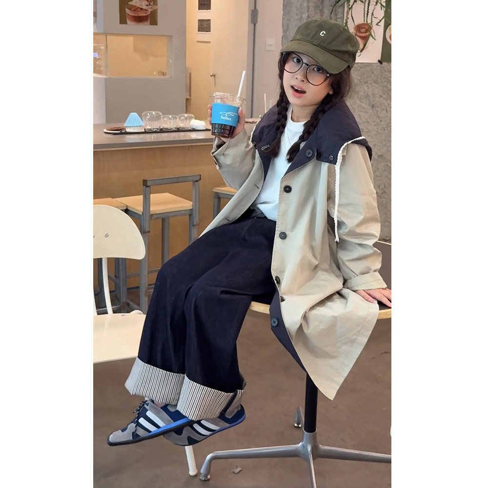 春秋韩国女童时尚中长款双面穿风衣外套简约百搭复古撞色连帽大衣