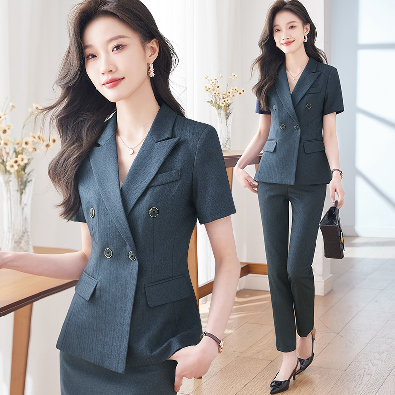 高端西装外套女夏季薄款短袖正装双排扣气质西服职业装套装工作服