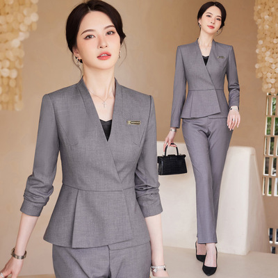 职业套装女秋冬酒店前台接待正装珠宝店美容院工作服灰色西装外套