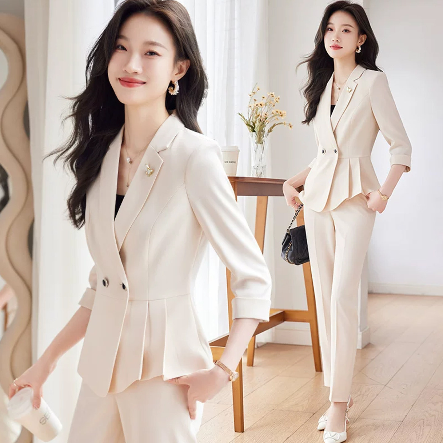 杏色西装外套女夏季薄款小个子气质设计感经理女神范职业西服套装