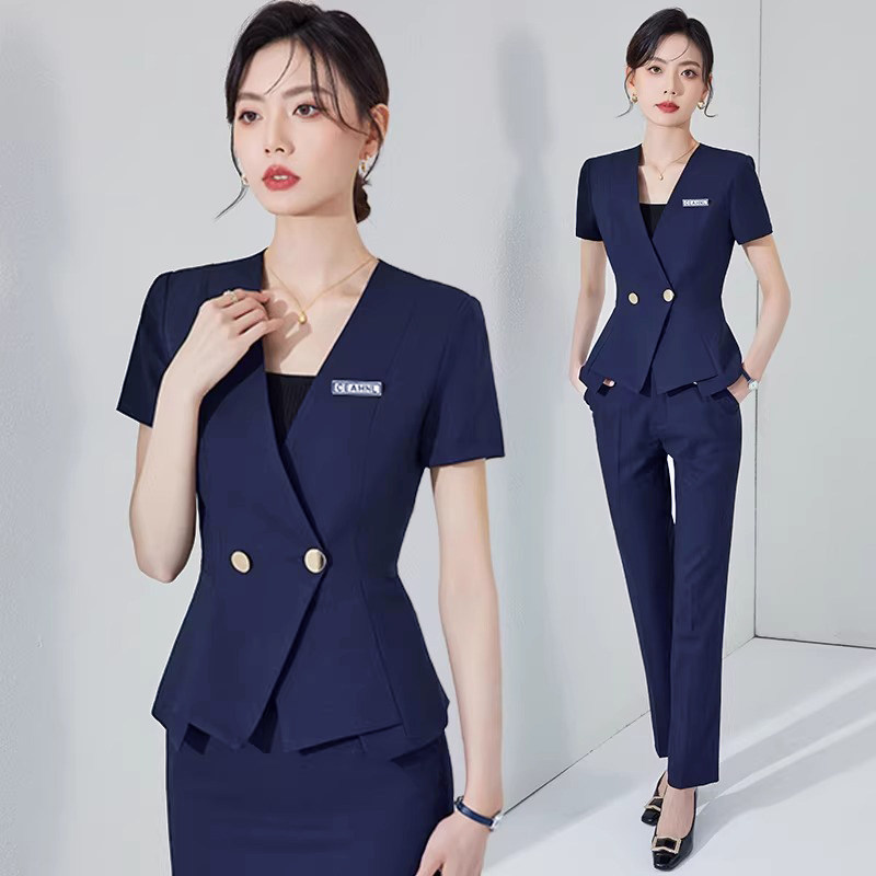 蓝色西装外套女夏季新款美容院工作服前台接待职业装工装西服套装