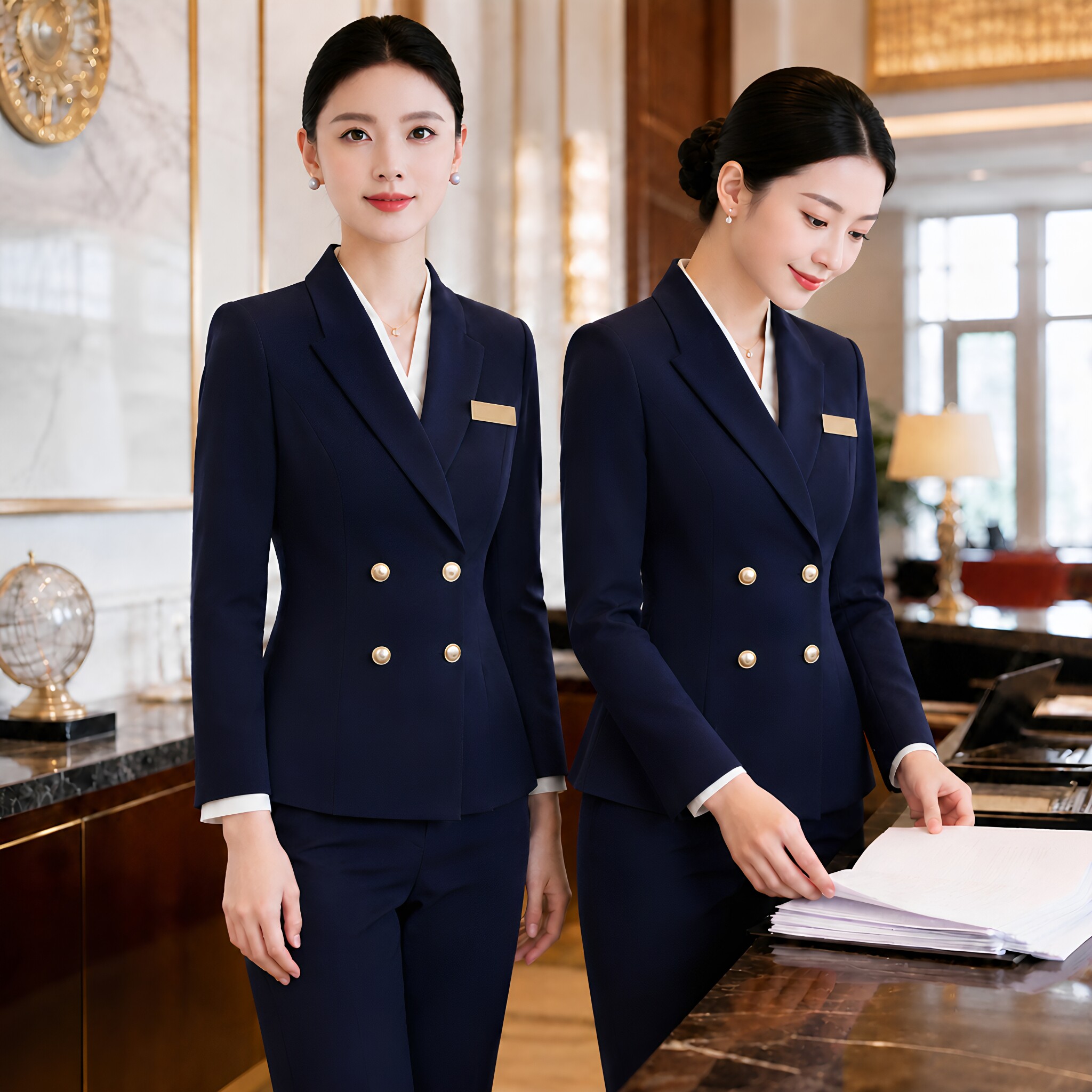 深蓝色西装套装女气质酒店餐厅经理工作服珠宝金店前台职业工作装