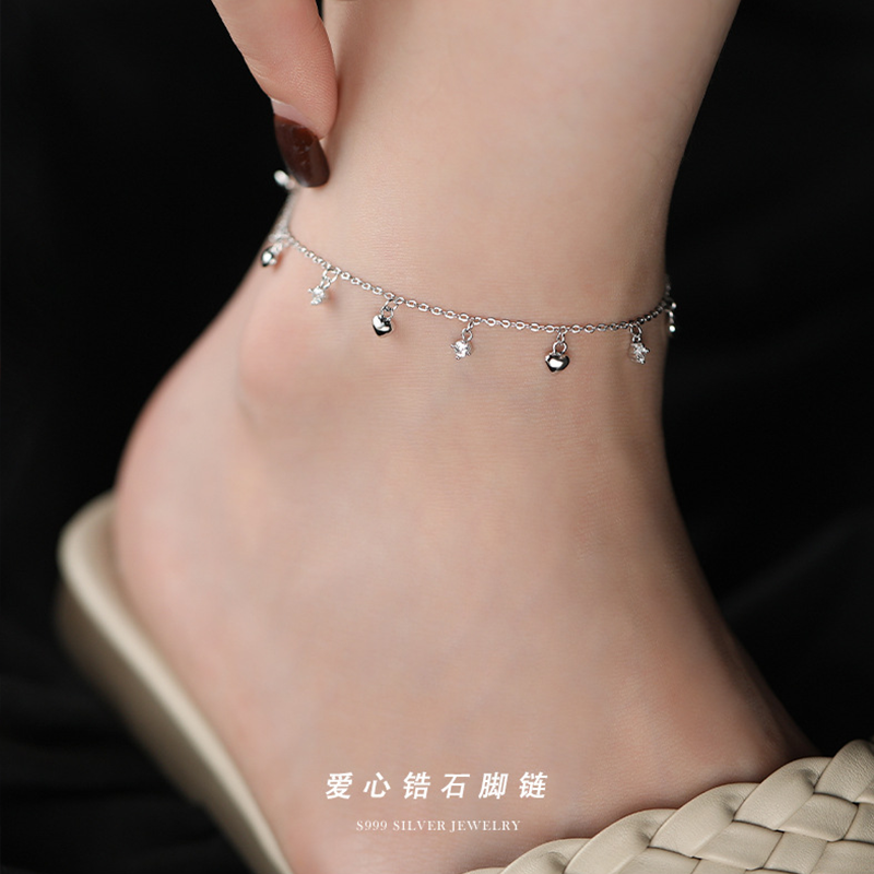 爱心小铃铛锆石脚链纯银流苏足链