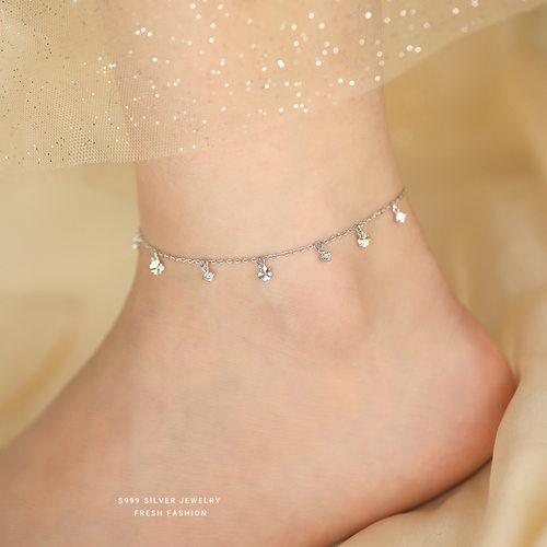 S999纯银四叶草满天星锆石脚链女