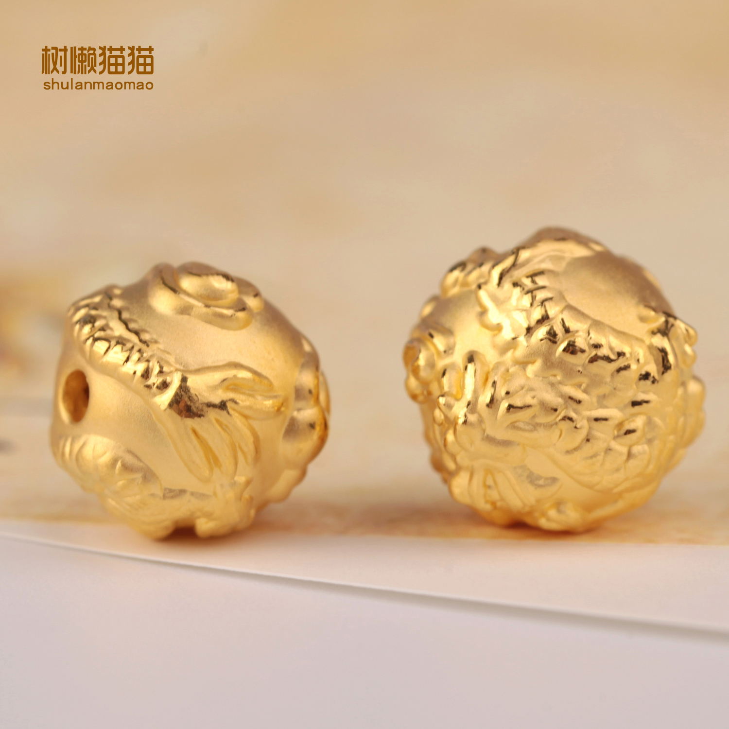 树懒猫猫黄金999足金3D硬金13mm14mm龙珠立体圆珠手链多宝金珠-封面