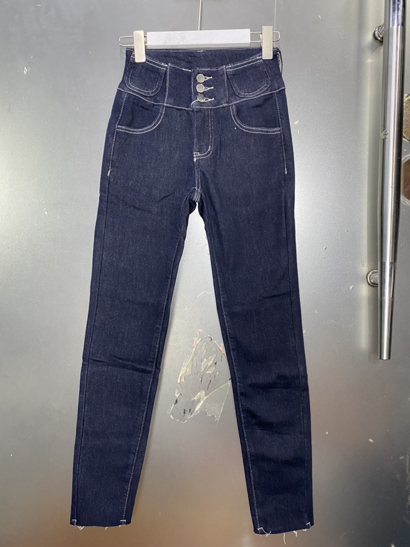 高腰排扣小脚裤抓毛普洗蓝牛仔裤女弹力