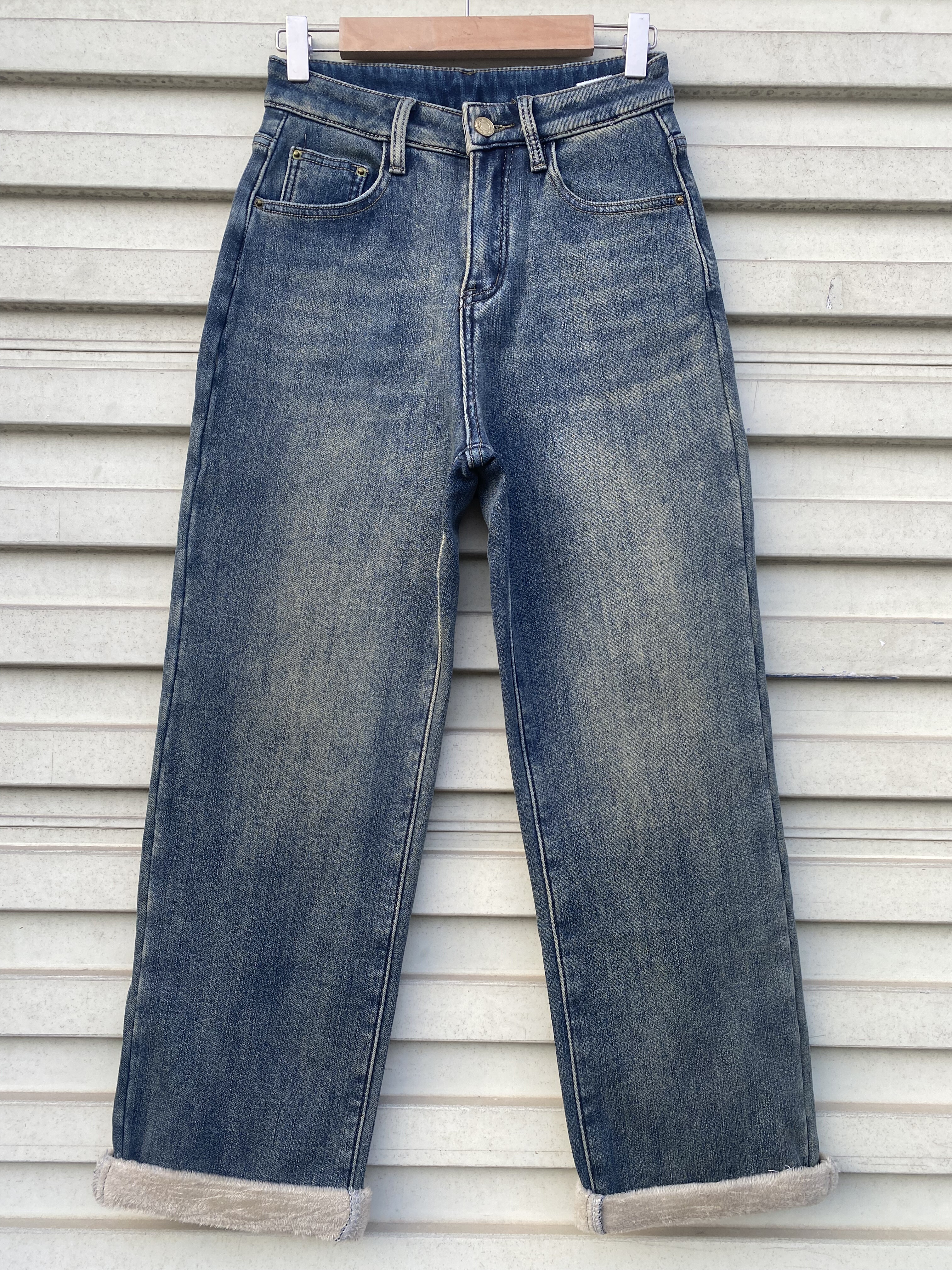 弹力冬款加绒直筒牛仔裤高腰窄版阔腿复古怀旧小个子牛仔裤时尚