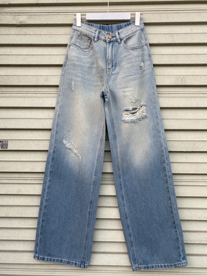 快家破洞直筒牛仔裤女2026春夏新款吊漂高腰宽松窄版阔腿裤子