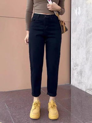 高弹黑色哈伦萝卜九分牛仔裤女2025年秋款小个子老爹裤子
