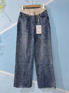 无弹高腰拼色腰头阔腿牛仔裤 女2025春秋宽松休闲直筒拖地长裤