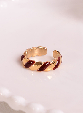 钛钢戒指 绝美红色珐琅条纹戒指女小众设计轻奢指环新年手饰品