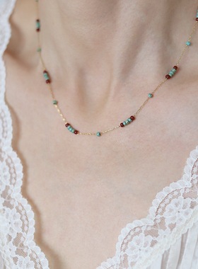 钛钢项链 琉璃撞色精致串珠法式项链女ins复古锁骨链简约不掉色