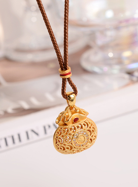 钛钢项链 新中式雕花镂空钱袋子项链女编织绳轻奢气质百搭配饰品