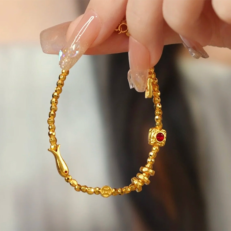 铜合金手链 新中式爆闪蹦迪珠小鱼手链女钱币手串小众精致手饰