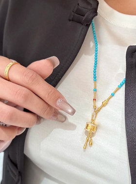 铜合金项链 拨浪鼓串珠百搭项链女新中式小众复古高级感衣服配饰