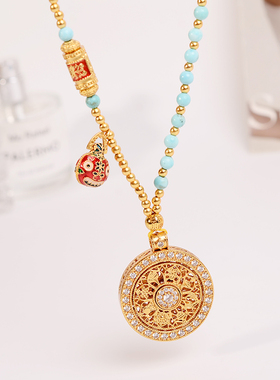 铜合金项链 新中式可转动八宝罗盘项链女蓝色高级感复古精致配饰