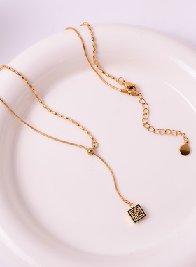 钛钢项链 轻奢小众设计感小方块福字项链女抽拉式福牌锁骨链配饰