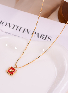 钛钢项链 小方块红色爱心项链女轻奢高级感锁骨链百搭配饰不褪色