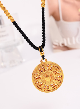 铜合金项链 新中式黑绳八宝罗盘项链女手工编织毛衣链百搭配饰品
