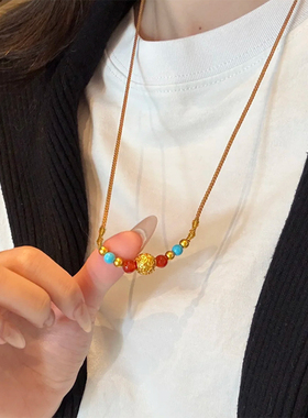 铜合金项链 八方来财圆球项链女可调节长度编织绳新中式配饰轻奢