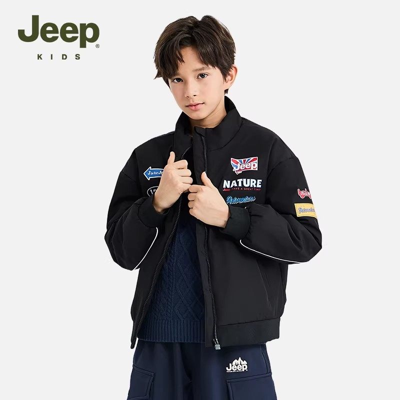 Jeep童装男童棉服2025冬新款帅气黑色夹克机车外套儿童夹棉赛车服