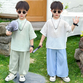 国风儿童夏季 2025新款 两件套古风唐装 汉服短袖 男童中式 长裤 夏套装
