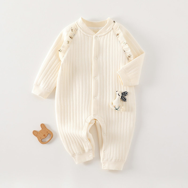 婴儿连体衣秋冬款三层保暖外出服夹棉打底内衣宝宝薄棉衣春秋纯色