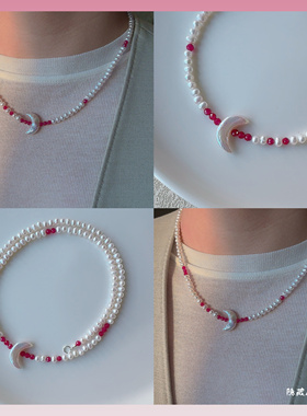 【月光宝石】原创独家天然珍珠月亮红宝石项链女显白小众甜美高级