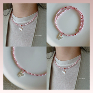 【少女的猫】原创粉猫眼石南红玛瑙白蝶贝猫咪串珠项链女小众甜美