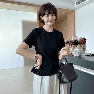松弛感慵懒宽松显瘦休闲 新品 白色圆领正肩短袖 t恤女2025新款 夏季