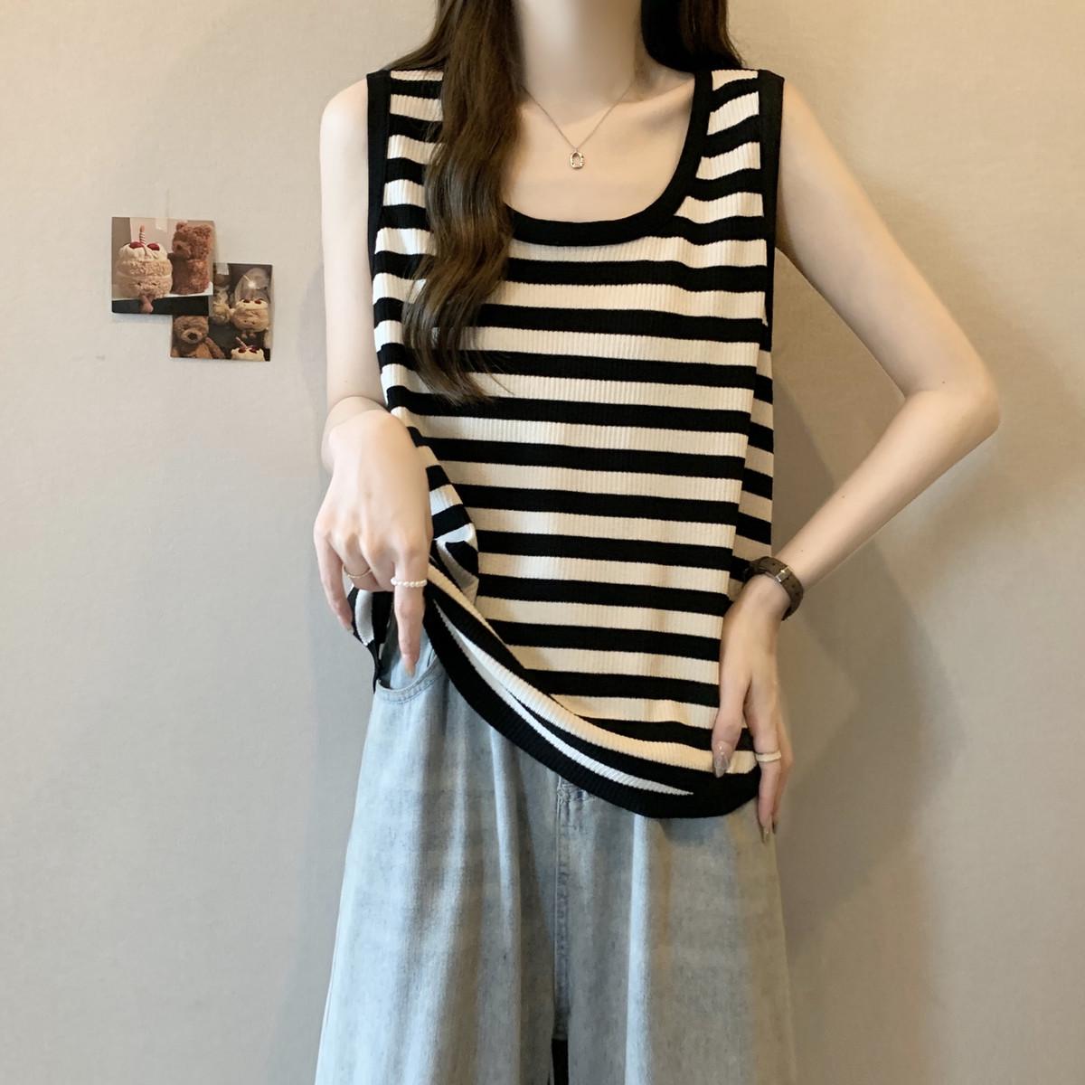 高货速发2025夏季新款别致条纹吊带背心外穿大码女装胖mm宽松无袖