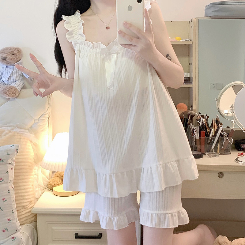 新品高级感睡衣女夏季吊带纯棉韩版简约白色两件套装夏天网红家居