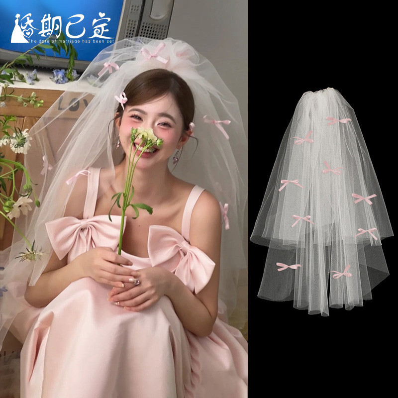 直销粉色蝴蝶结头纱新娘主婚纱头饰领证登记求婚配饰影楼拍照样片