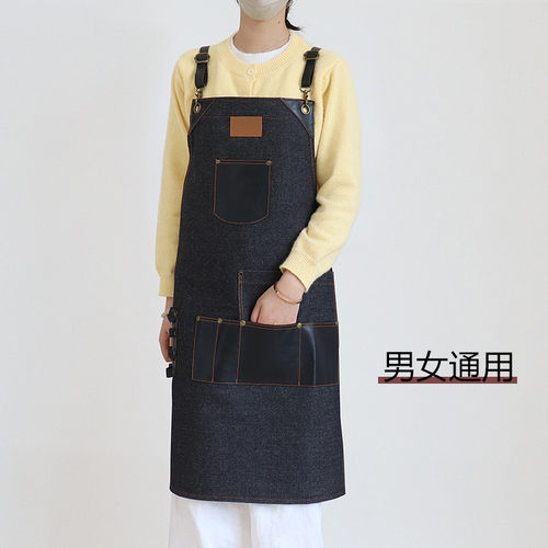 理发店围裙牛仔背带工作服定制印logo发廊美发烫染发型师男士专用