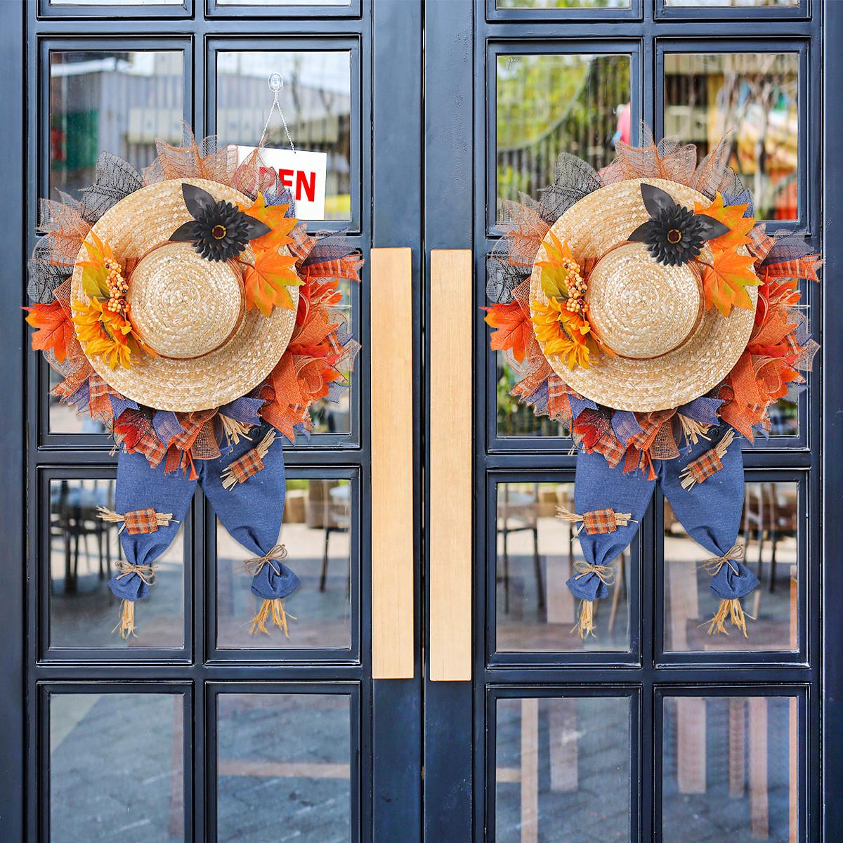 新款丰收季草帽牛仔裤花环挂件家居感恩节枫叶藤圈门窗装饰用品