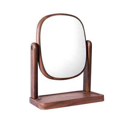 镜子胡桃木化妆镜家用办公室实用桌面北美可置物实木旋转化妆镜