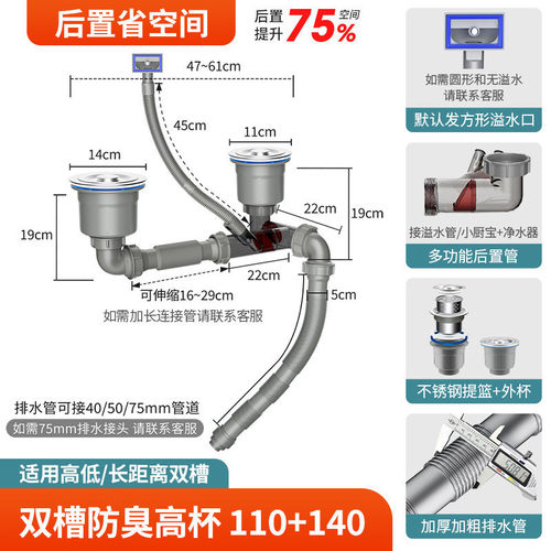 厨房下水管不锈钢洗菜盆排水管下水器可伸缩防返臭味双槽配件全套