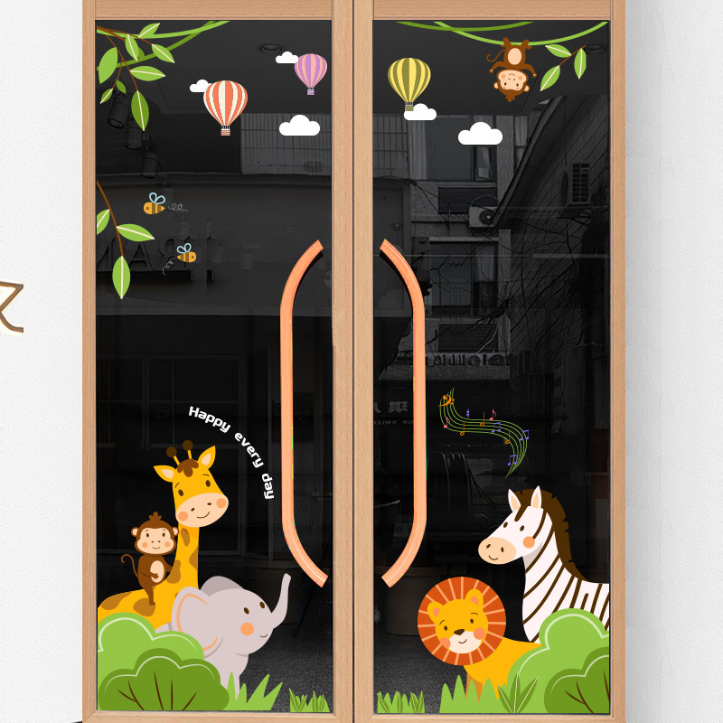 可爱动物幼儿园玻璃移门培训机构宠物店橱窗装饰防撞静电自粘贴画图片
